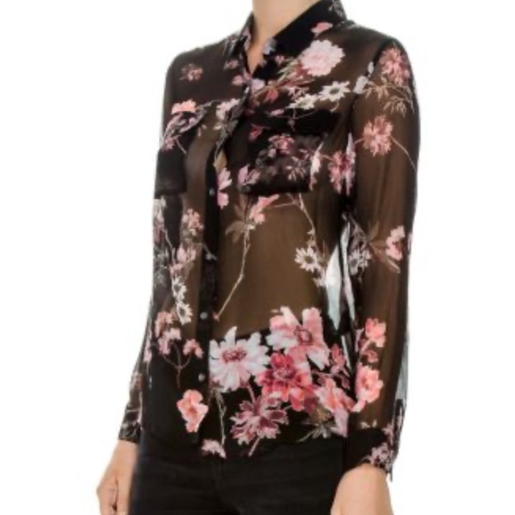 The Kooples Tops - The Kooples Chic Floral Sheer Blouse in Black and Pink